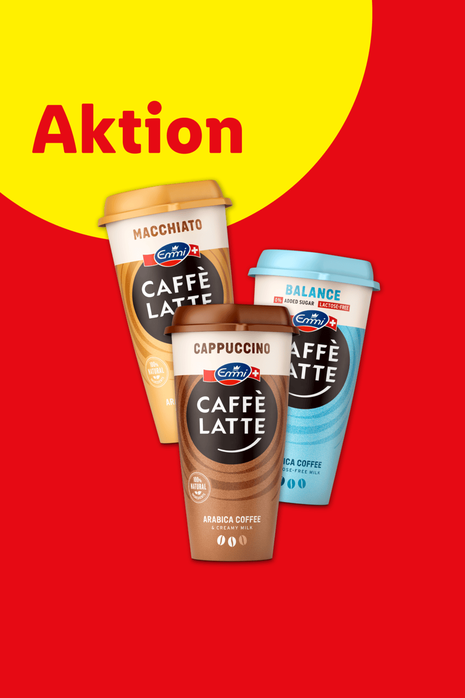 Drei Kaffeegetränke in Bechern, darunter Macchiato, Cappuccino und Balance, mit dem Text „Aktion“.