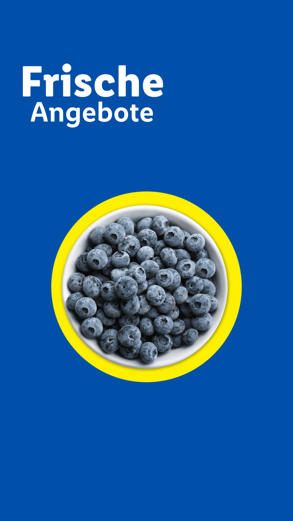 Schale mit frischen Blaubeeren auf blauem Hintergrund mit dem Text 'Frische Angebote'.