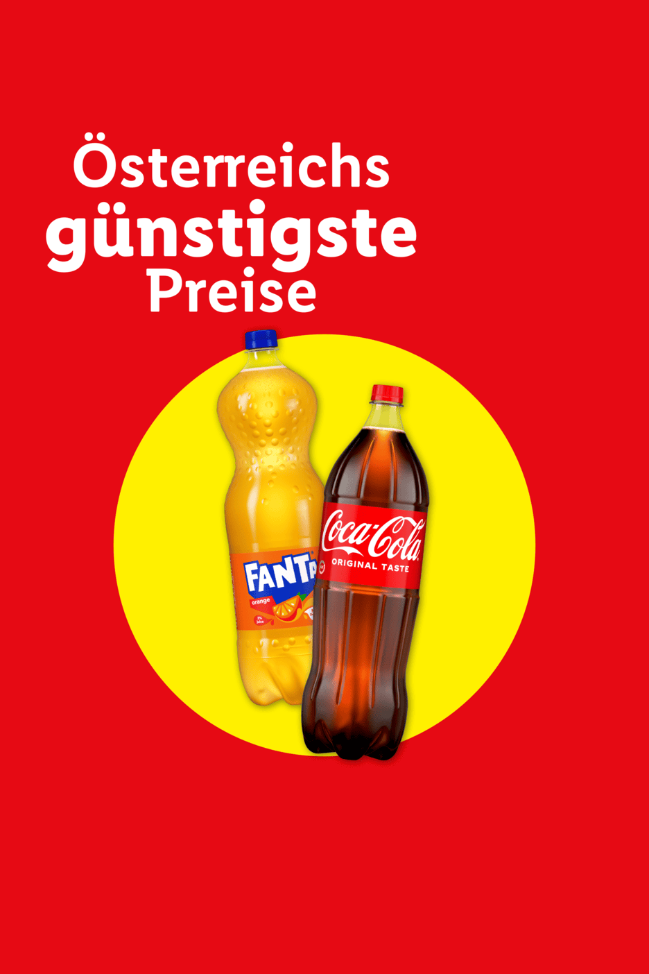 Zwei Flaschen Limonade auf gelbem Kreis, mit Text 'Österreichs günstigste Preise'.