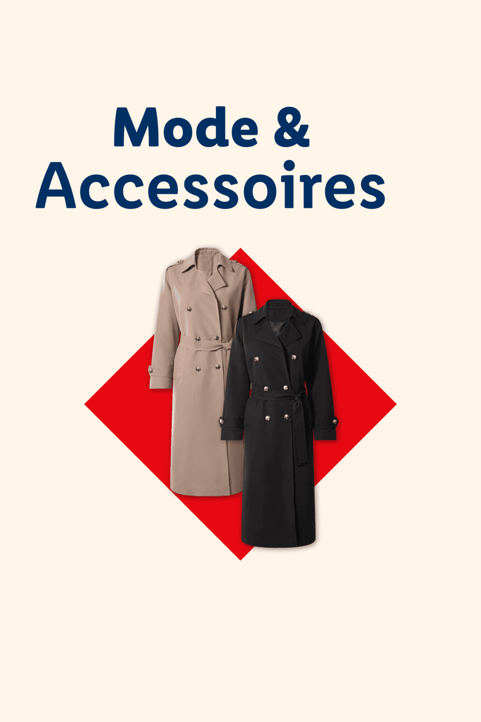 Mode & Accessoires: Zwei Trenchcoats, einer beige und einer schwarz, auf rotem Hintergrund.