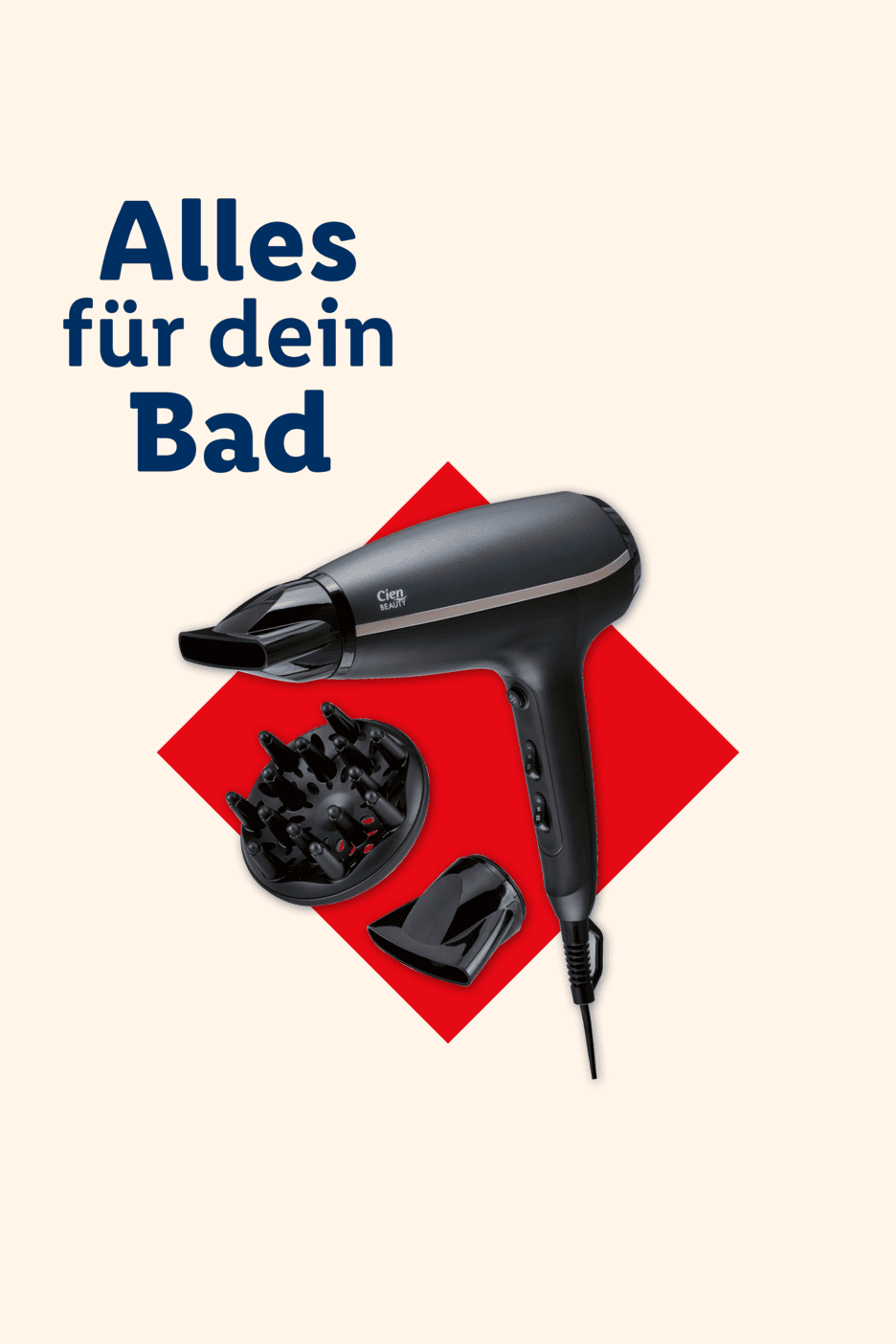 Haartrockner mit Diffusor und Stylingdüse auf rotem Hintergrund, mit Text: 'Alles für dein Bad'