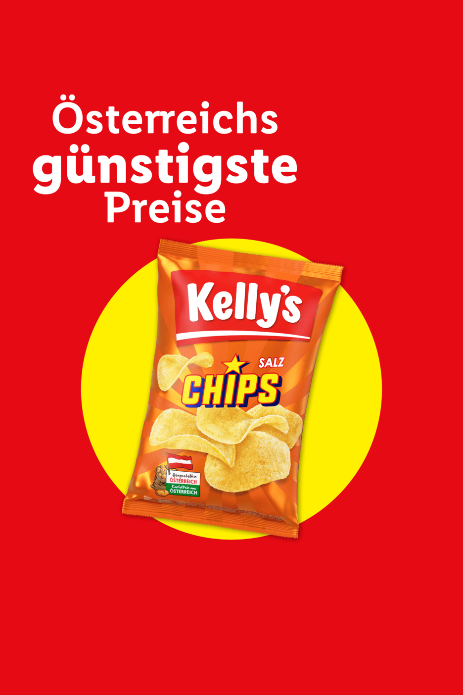 Tüte Kartoffelchips mit der Aufschrift „Österreichs günstigste Preise“ auf rotem Hintergrund.