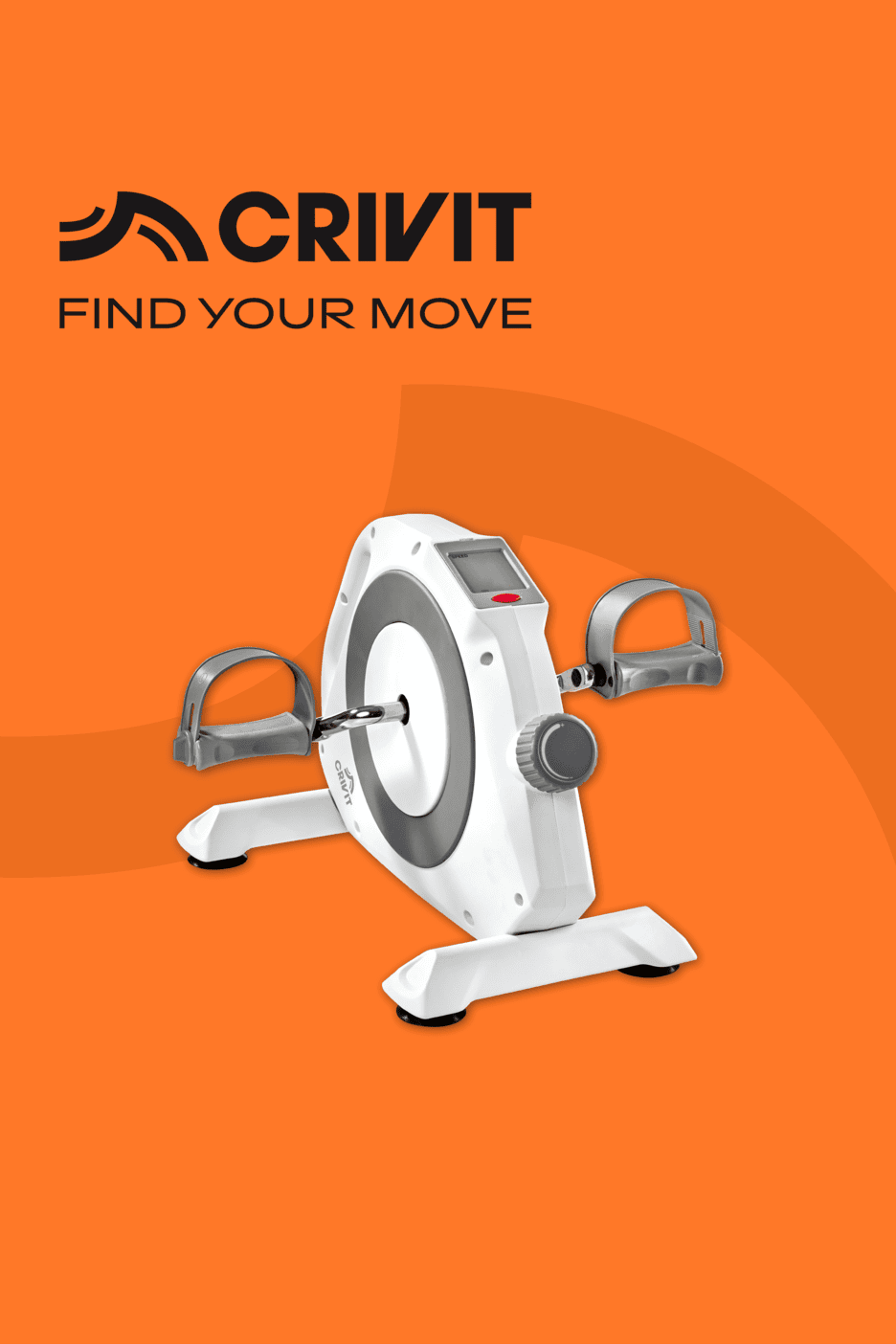 Mini-Heimtrainer auf orangefarbenem Hintergrund mit dem Text „FIND YOUR MOVE“.