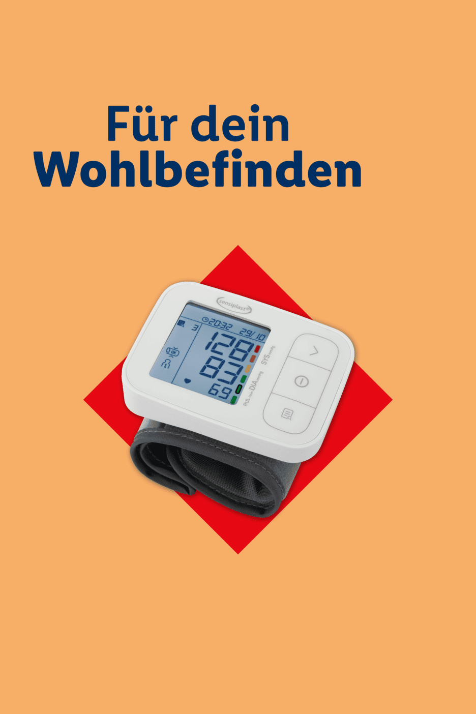 Ein Blutdruckmessgerät auf rotem Hintergrund mit dem Text 'Für dein Wohlbefinden'.