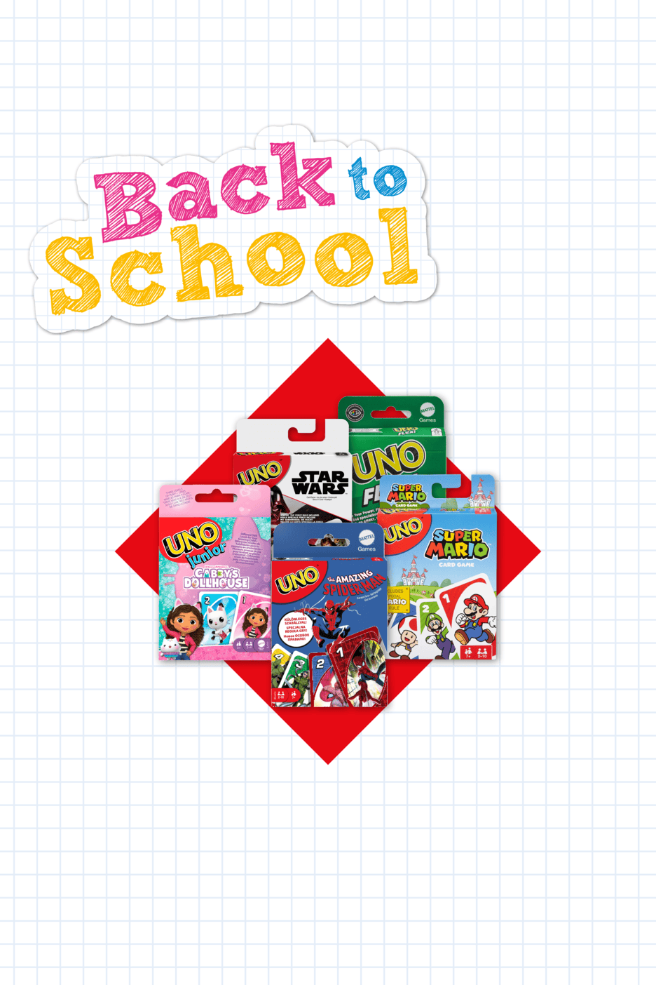 Back to School-Thema mit verschiedenen Kartenspielen wie Uno Junior Gabby's Dollhouse, Star Wars, Spider-Man und Super Mario.