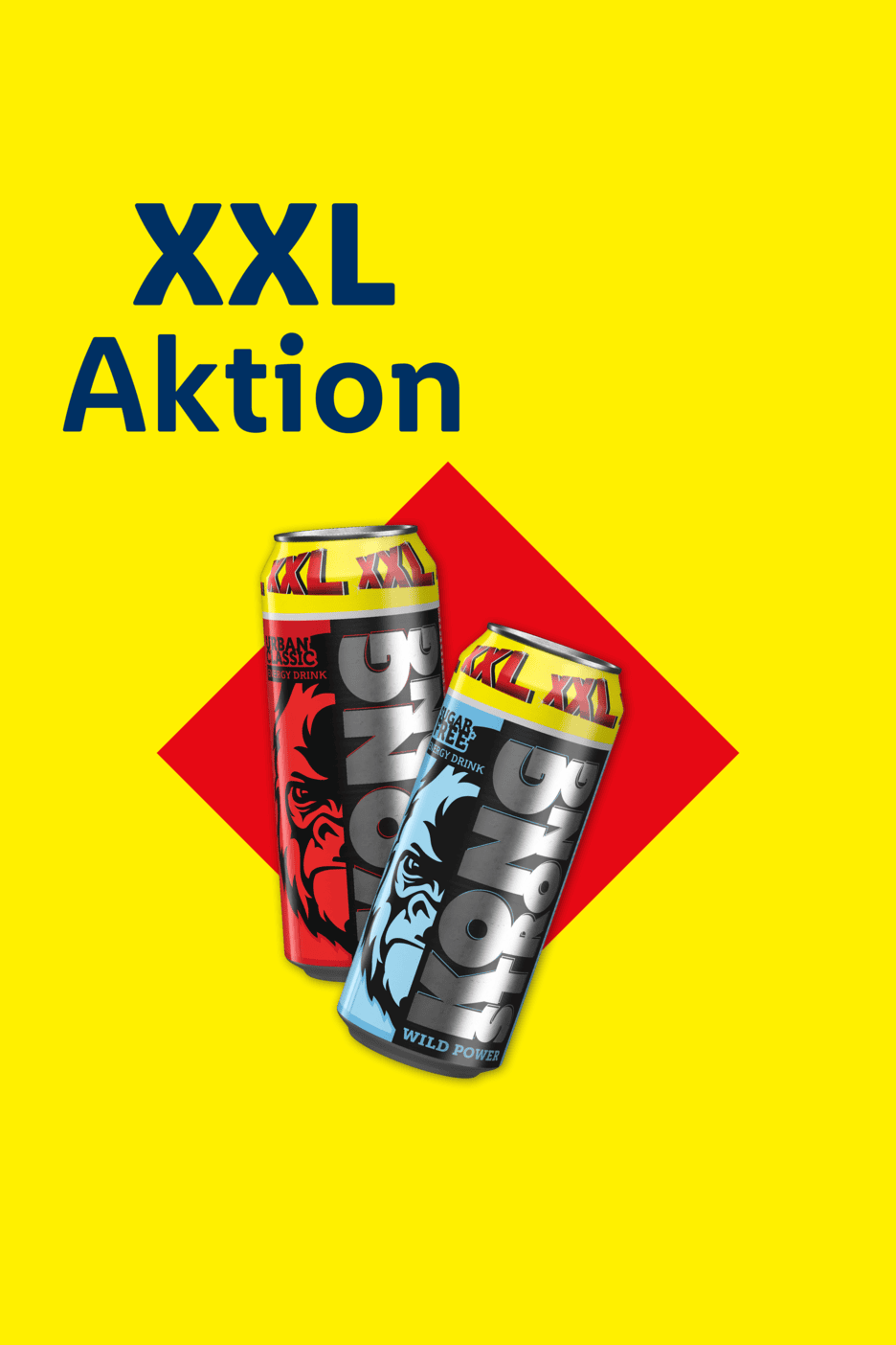 XXL Aktion mit zwei Energydrinks, einer rot und einer blau, auf gelbem Hintergrund.