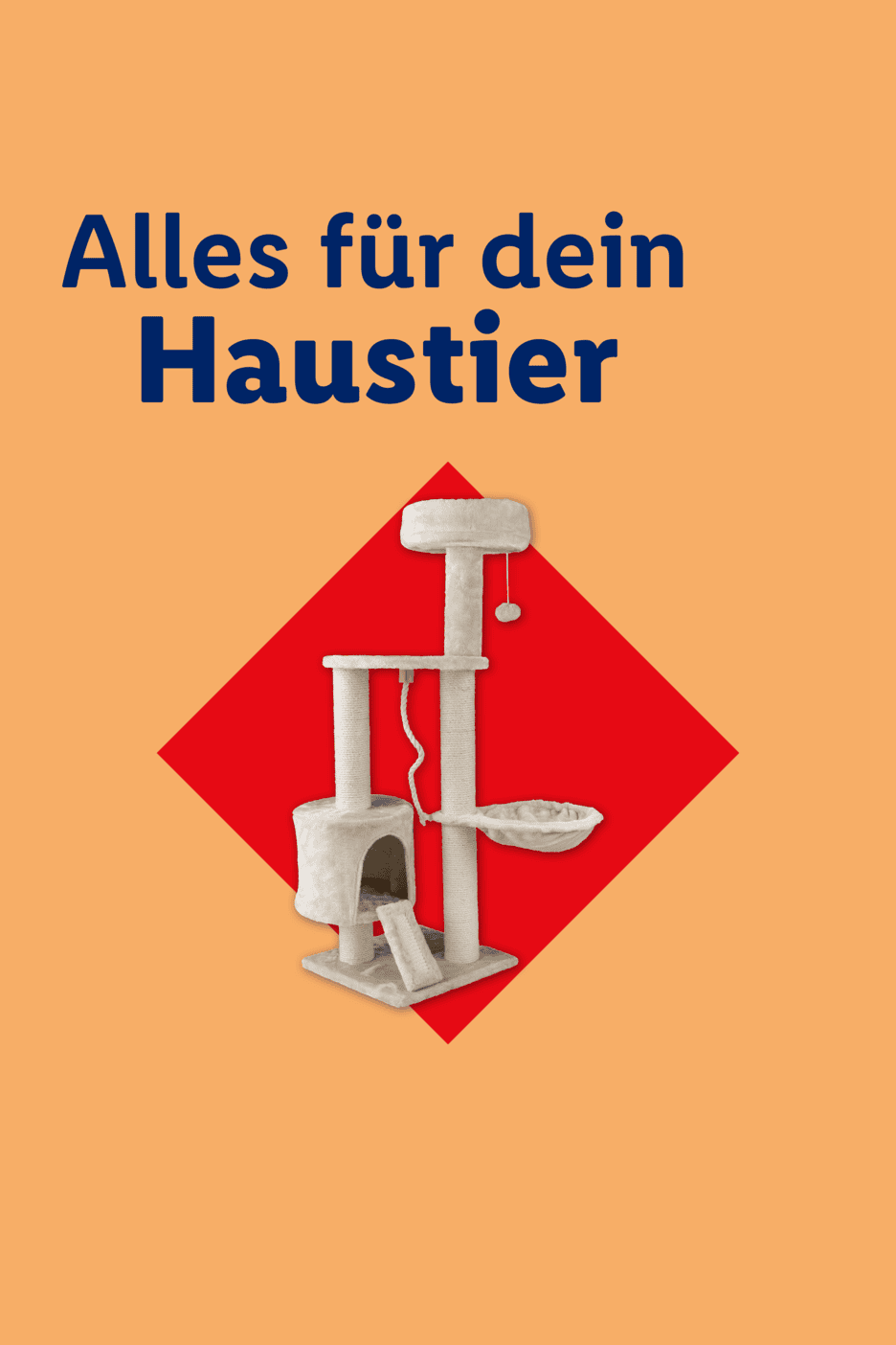 Ein Katzenkratzbaum auf rotem Hintergrund mit dem Text 'Alles für dein Haustier'.