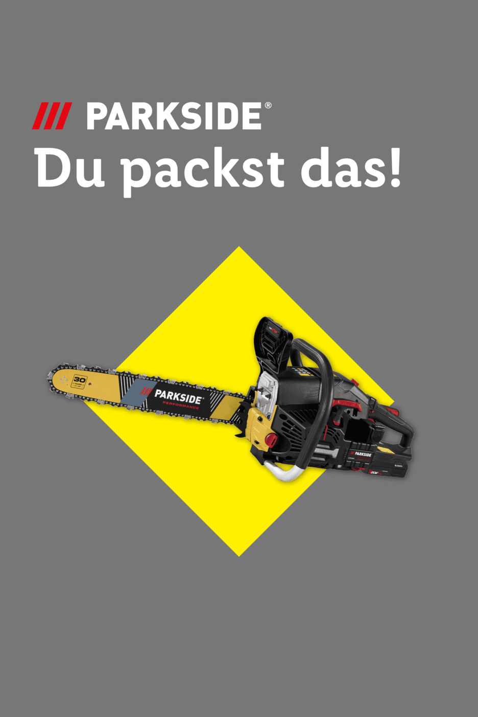 Eine Kettensäge auf gelbem Hintergrund mit dem Text 'Du packst das!'.