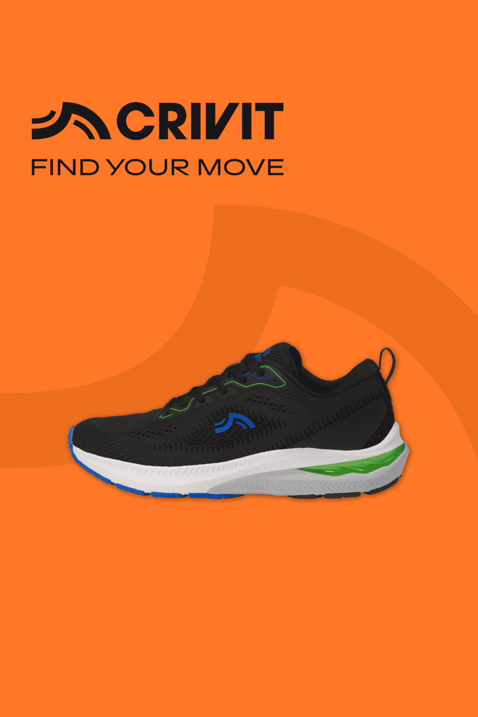 Schwarzer Sportschuh mit blauen und grünen Akzenten auf orangefarbenem Hintergrund mit dem Text 'FIND YOUR MOVE'.
