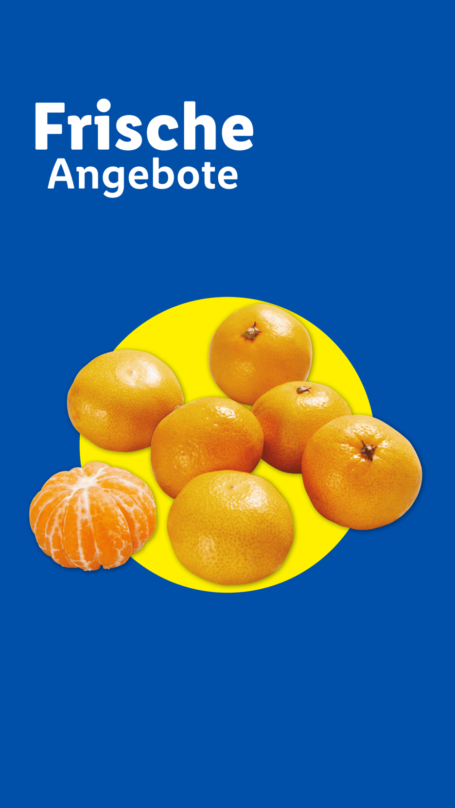 Frische Mandarinen auf gelbem Kreis vor blauem Hintergrund mit Text 'Frische Angebote'.