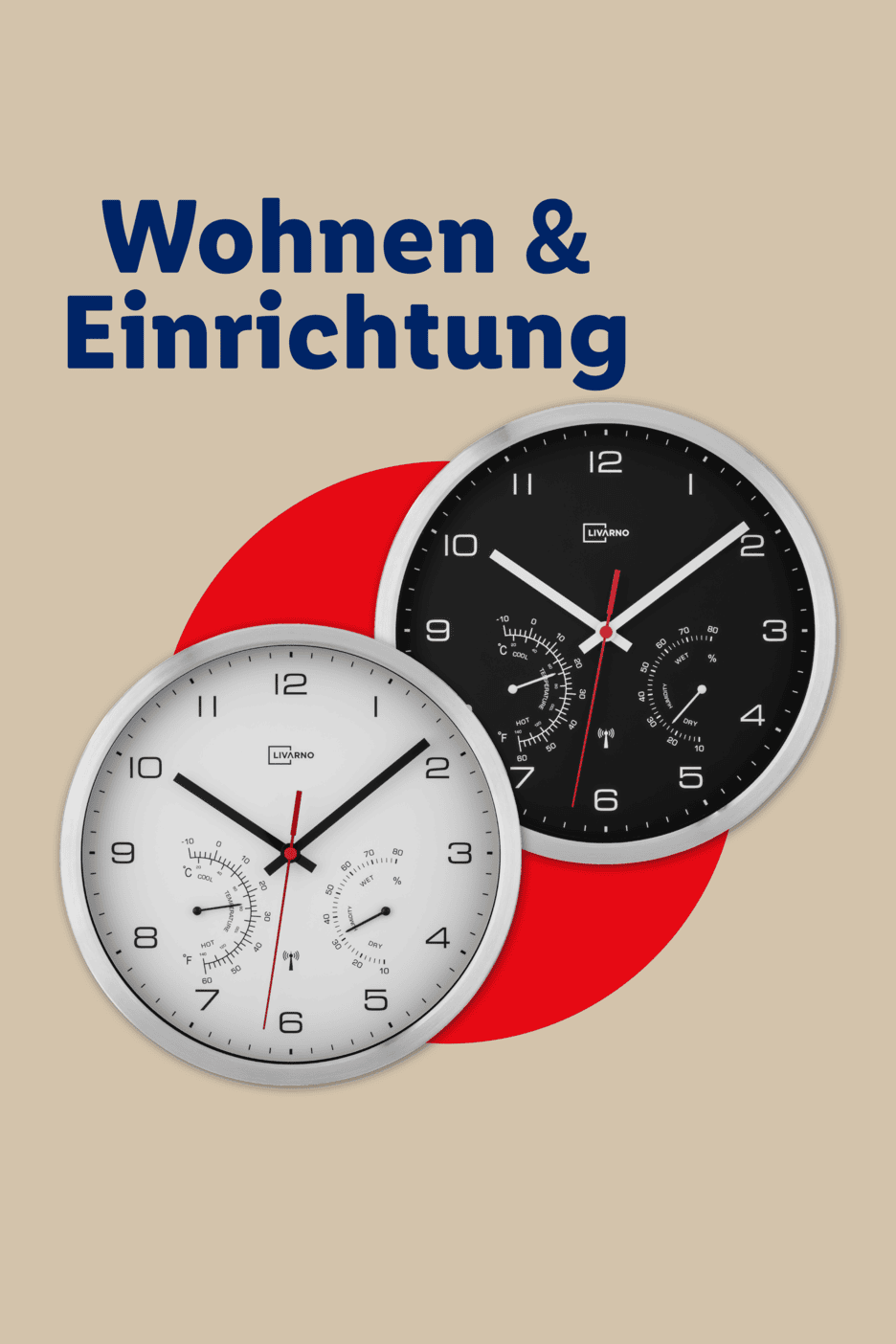 Zwei moderne Funkwanduhren mit Thermo- und Hygrometer in Schwarz und Weiß.