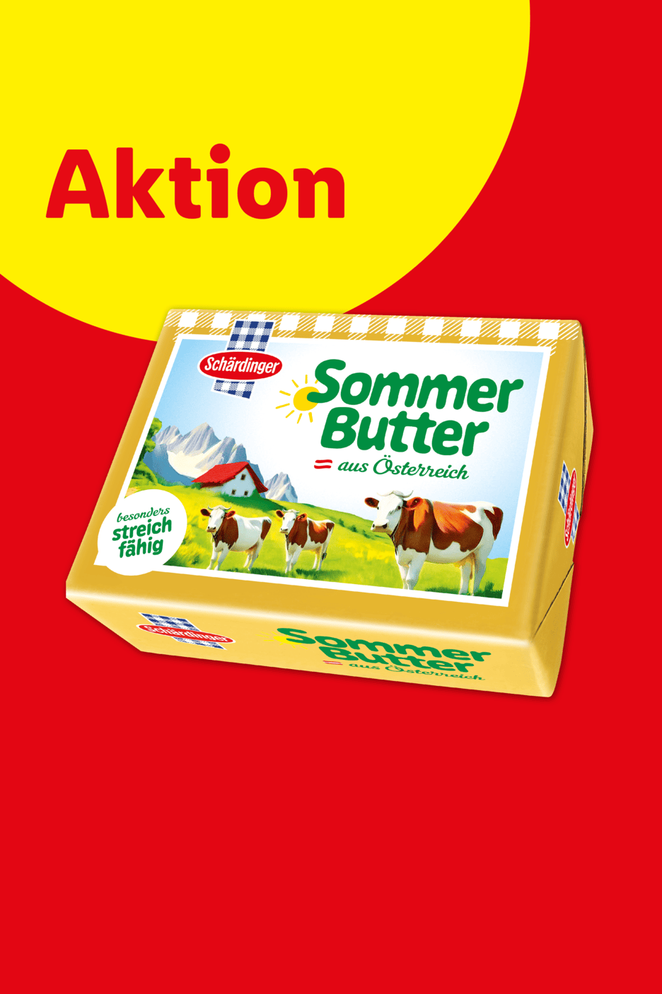 Werbeplakat für streichfähige Sommerbutter aus Österreich mit Kühen auf einer Weide.