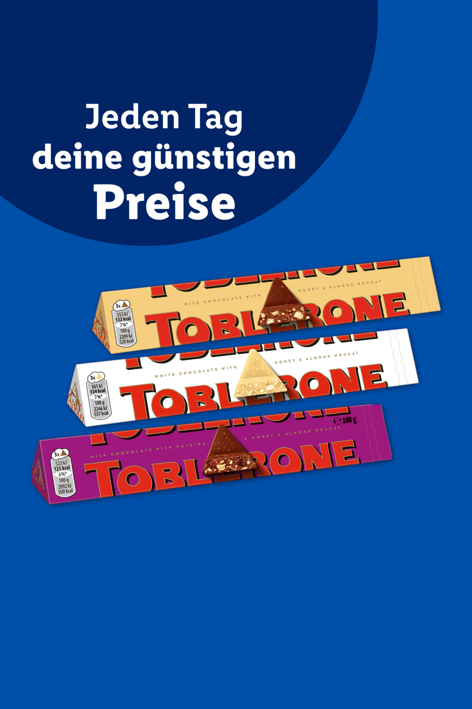 Drei verschiedene Schokoladenriegel mit Honig- und Mandel-Nougat vor blauem Hintergrund.