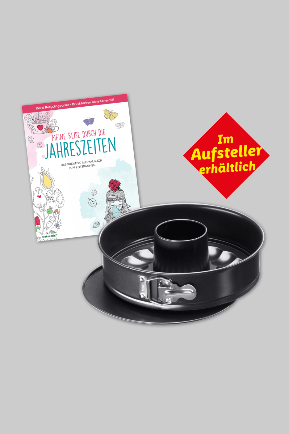 Malbuch und eine Springform mit Rohrboden-Einsatz.