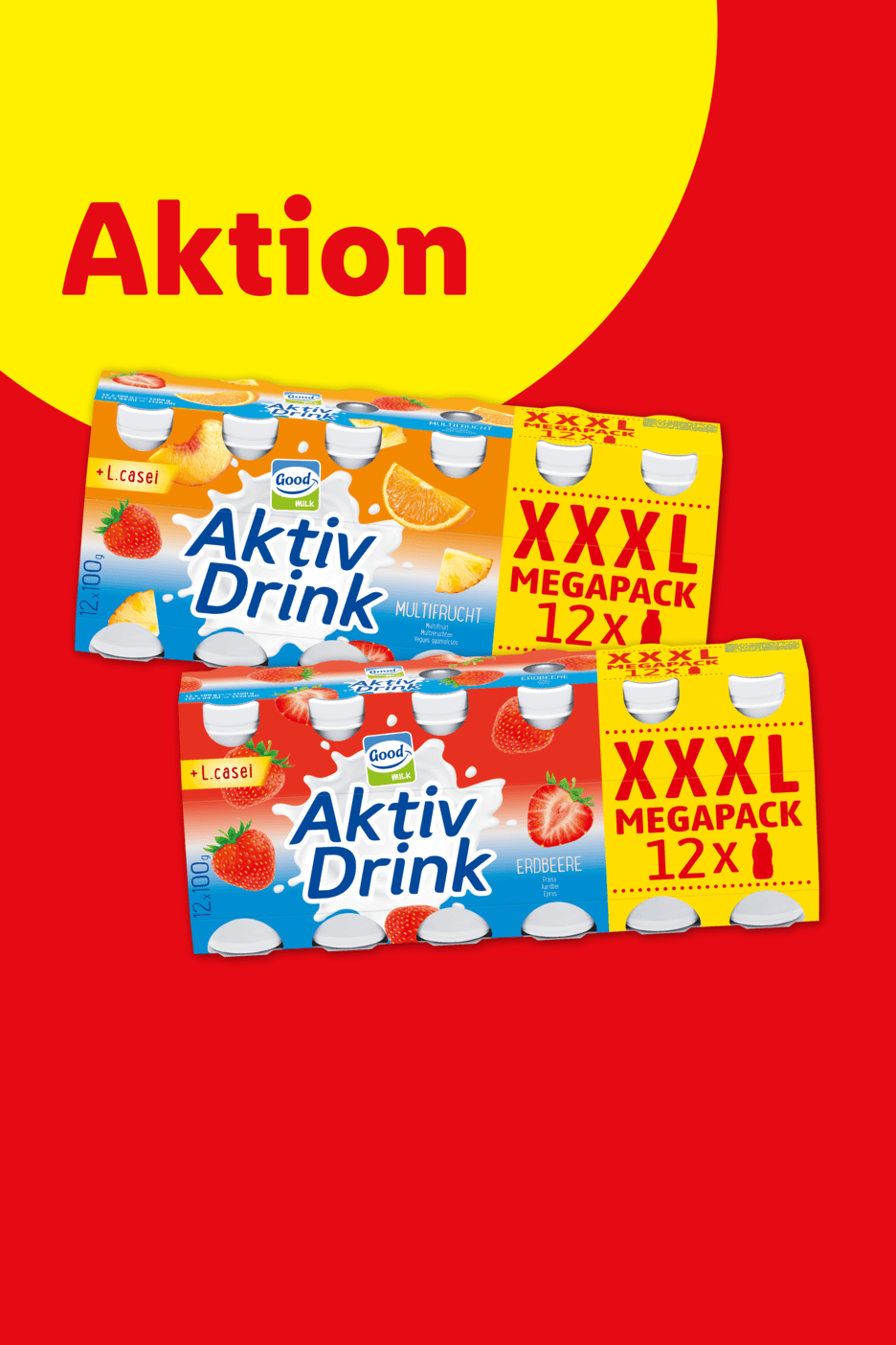 Zwei Packungen Joghurt-Drinks in den Sorten Multifrucht und Erdbeere im XXL-Megapack.