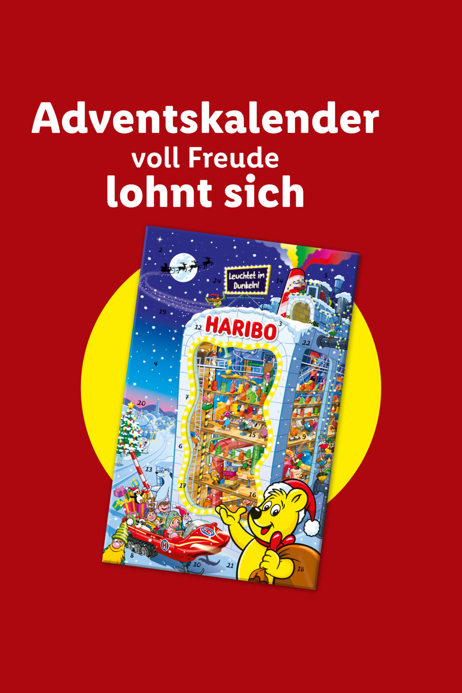 Bunter Adventskalender mit weihnachtlichen Motiven vor rotem Hintergrund.