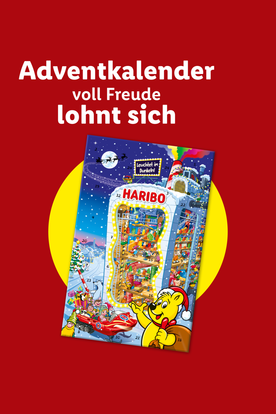 Bunter Adventskalender mit weihnachtlichen Motiven vor rotem Hintergrund.