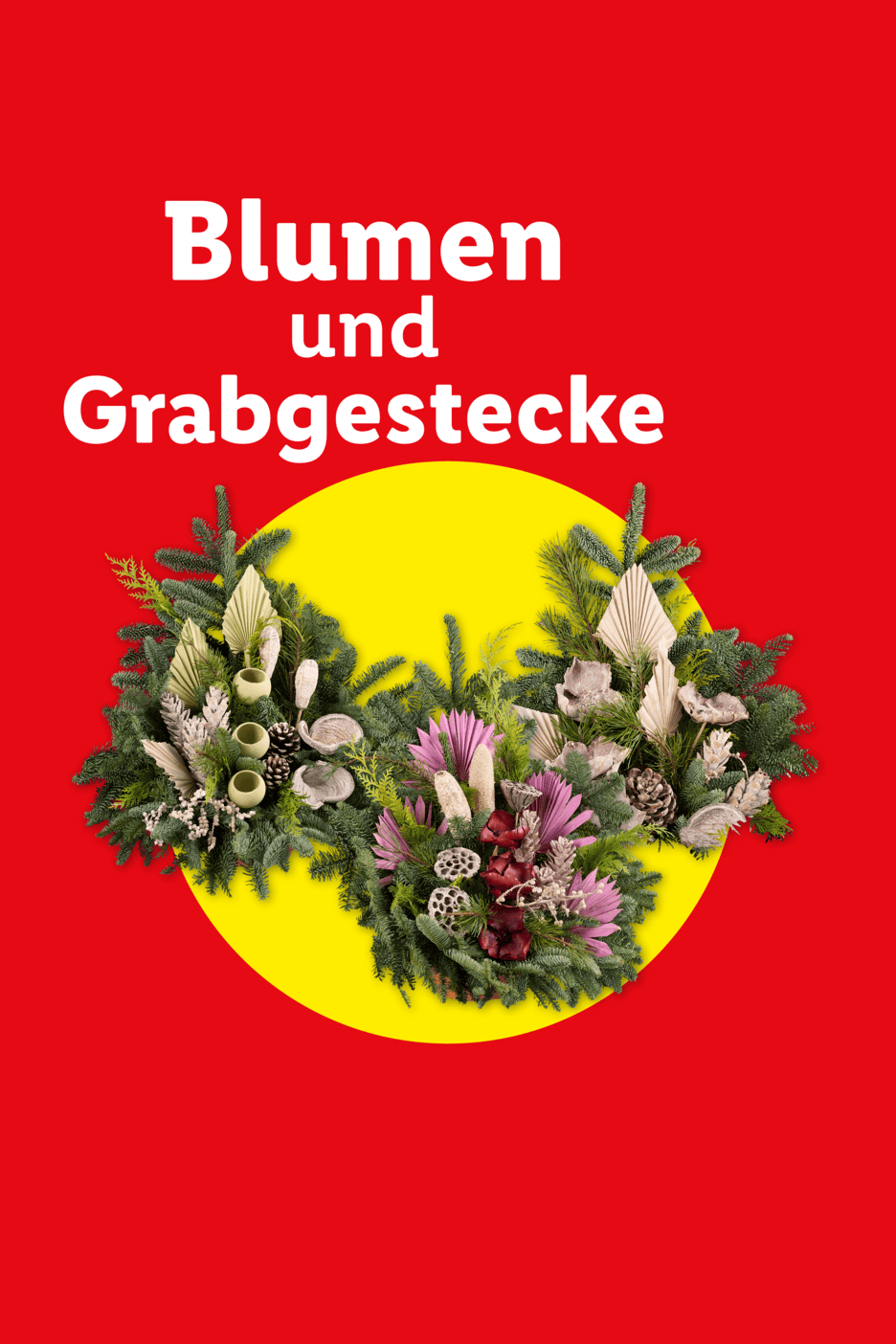 Blumen und Grabgestecke auf rotem Hintergrund mit gelbem Kreis.