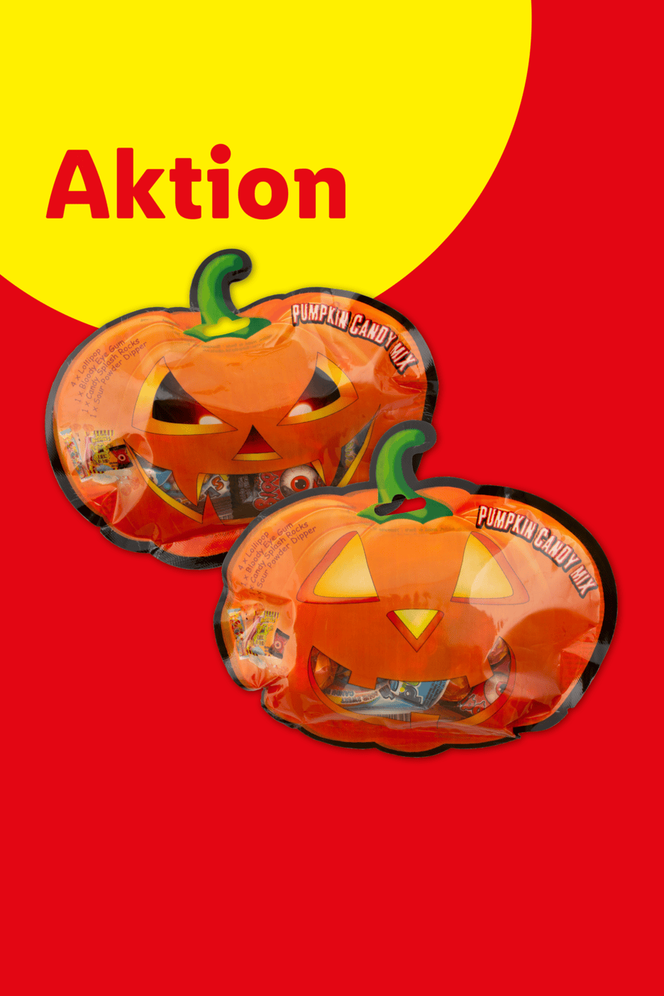Zwei Halloween-Süßigkeitentüten in Kürbisform vor rotem Hintergrund mit der Aufschrift Aktion.