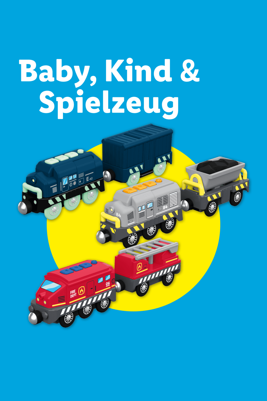 Spielzeugzüge vor blauem Hintergrund mit der Aufschrift Baby, Kind & Spielzeug.