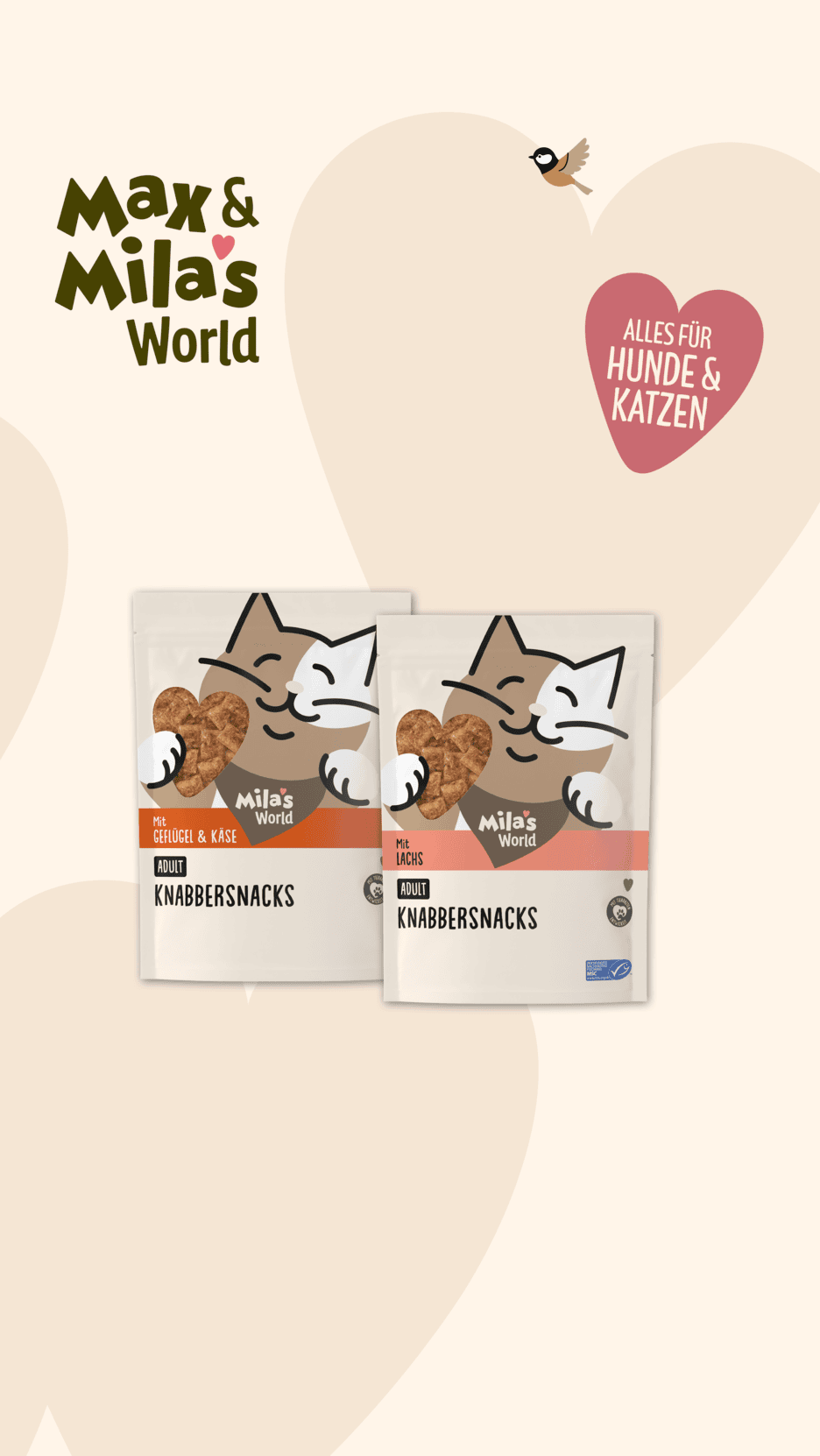 Zwei Packungen Knabbersnacks für Katzen mit Geflügel & Käse sowie Lachs.