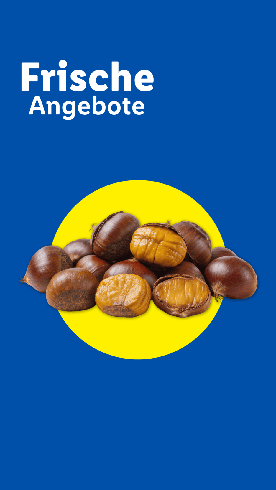 Frische Angebote: Eine Gruppe von Esskastanien vor einem gelben Kreis auf blauem Hintergrund.