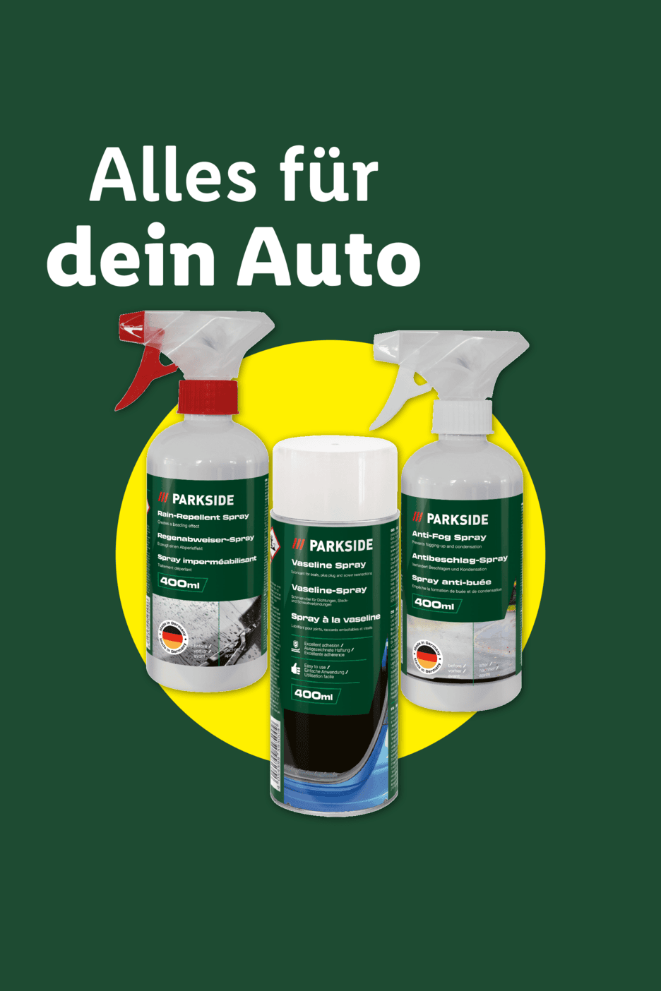 Werbebanner mit der Aufschrift 'Alles für dein Auto' und drei Parkside Produkten: Rain-Repellent Spray, Vaseline Spray und Anti-Fog Spray vor einem gelb-grünen Hintergrund.