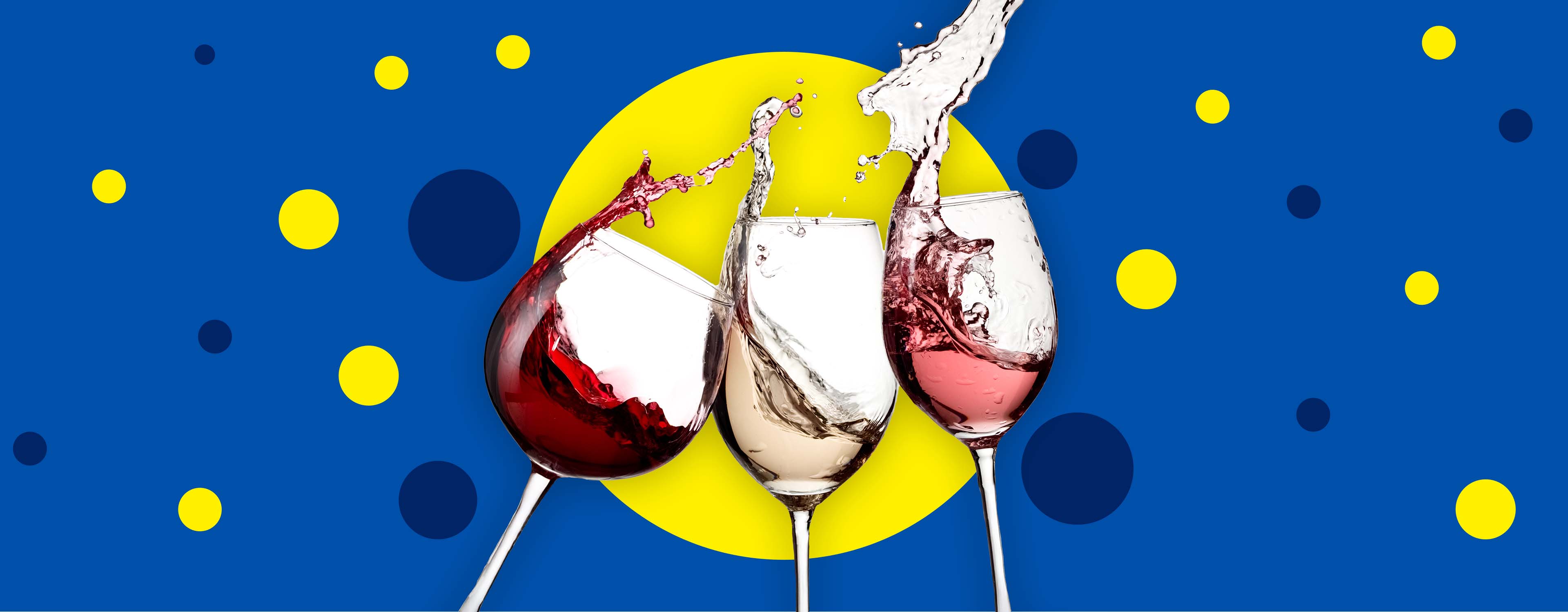 Drei Weingläser mit Rot-, Rosé- und Weißwein spritzen vor einem bunten Hintergrund.