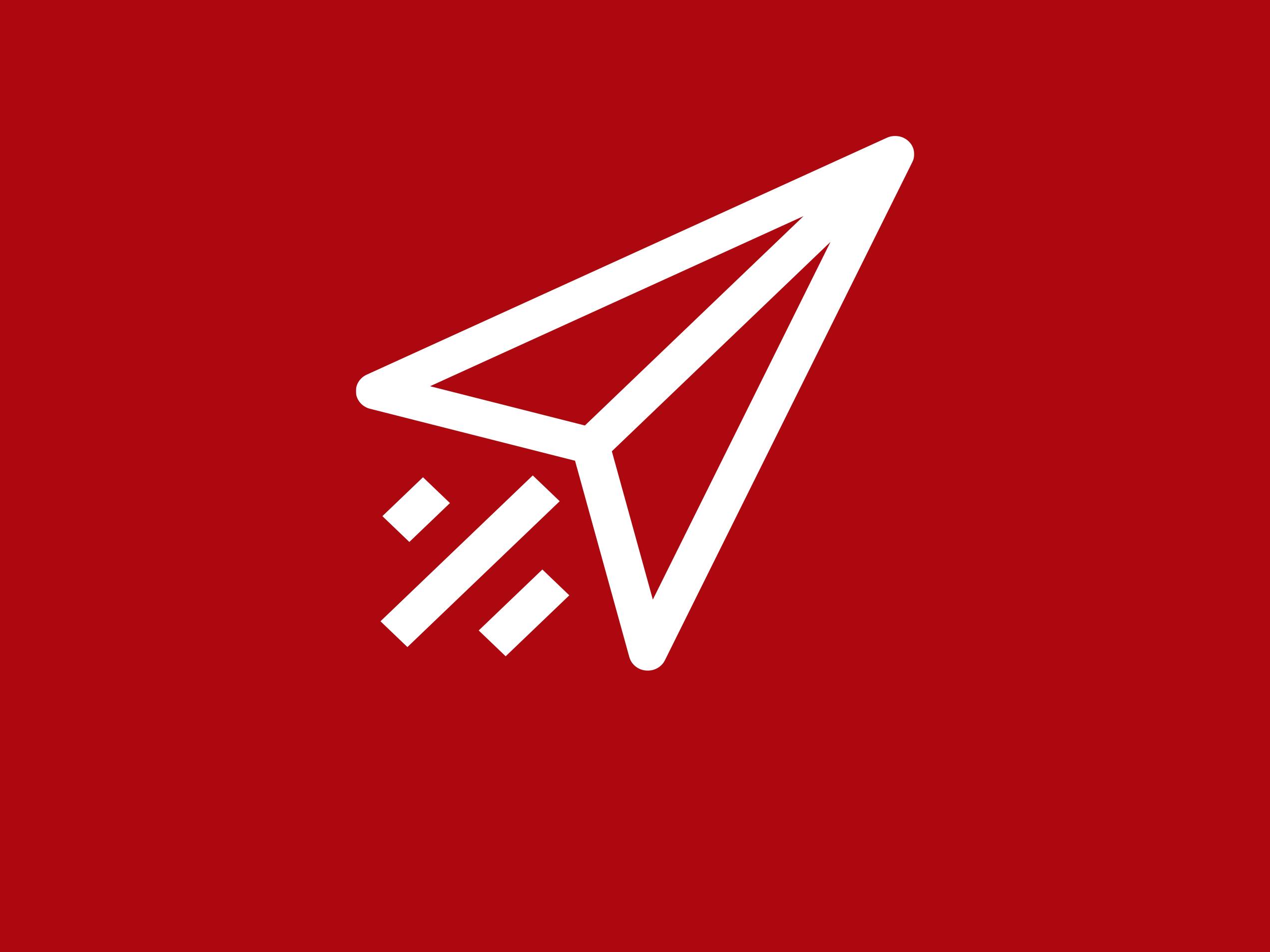Ein weißes Papierflugzeug-Symbol auf rotem Hintergrund, das Geschwindigkeit und Versand darstellt.