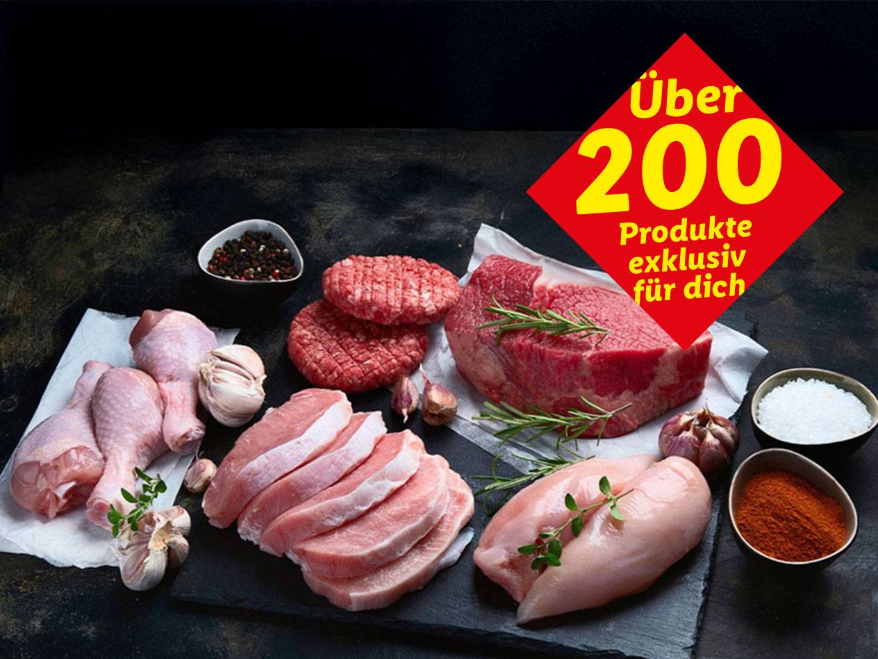 Verschiedene Fleischsorten, darunter Rind, Hähnchen und Schwein, werden auf einem dunklen Untergrund präsentiert; Werbeanzeige für über 200 exklusive Produkte.