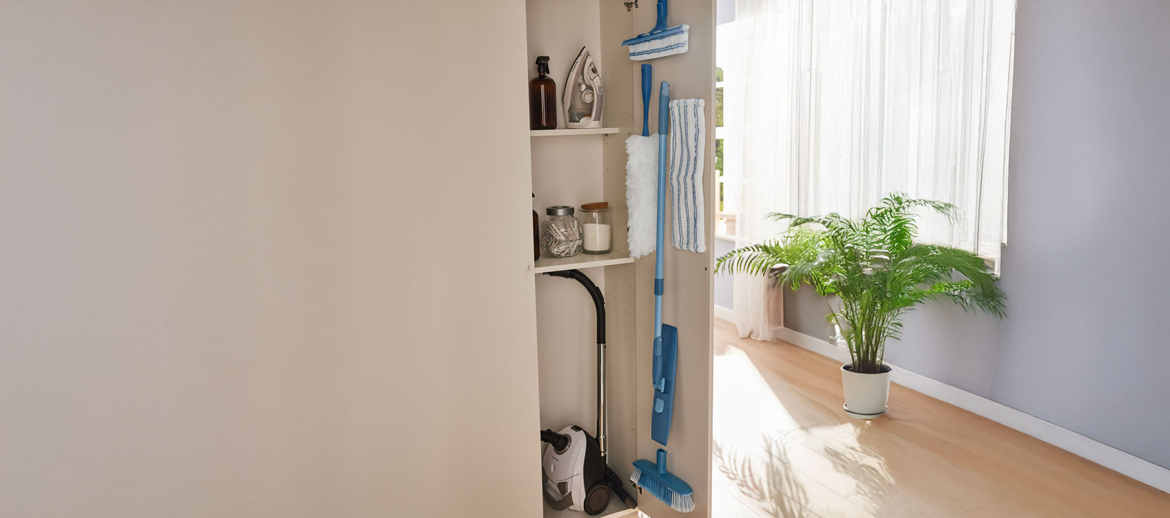 Ein offener Schrank mit Reinigungsprodukten, darunter ein Staubsauger, ein Bügeleisen und blaue Mopps.