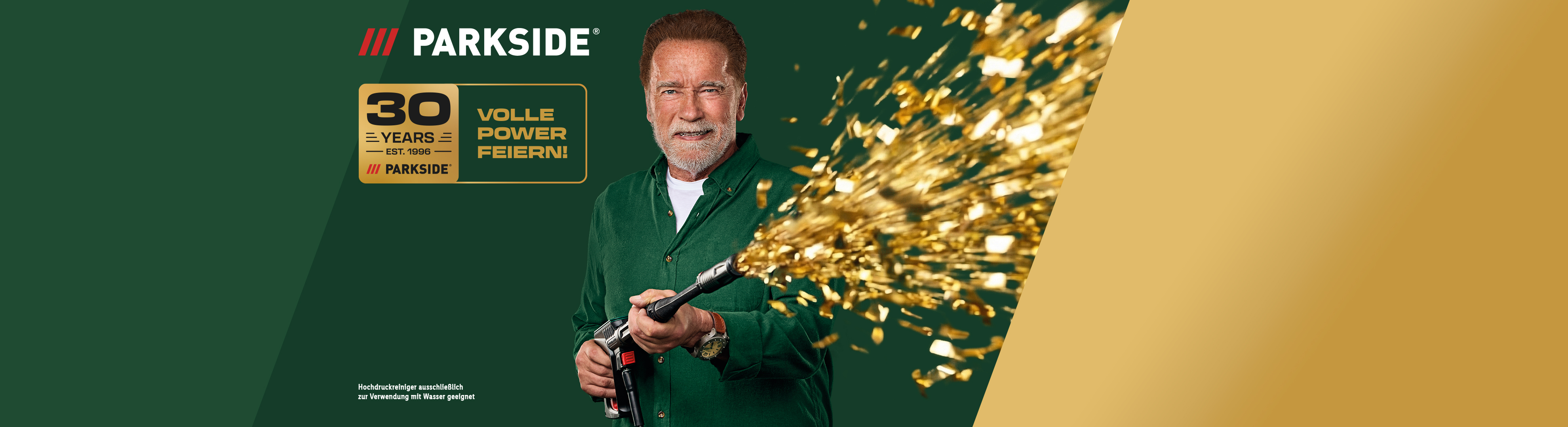 Mann mit Konfettikanone, 30 Jahre Jubiläum, volle Power feiern!