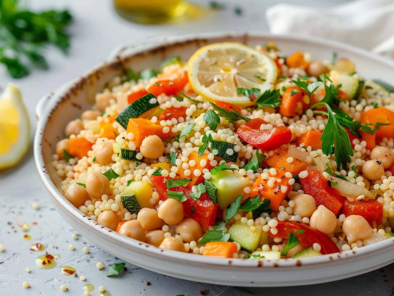 Eine Schüssel mit israelischem Couscous, Kichererbsen und gehacktem Gemüse, garniert mit Zitrone und Petersilie.