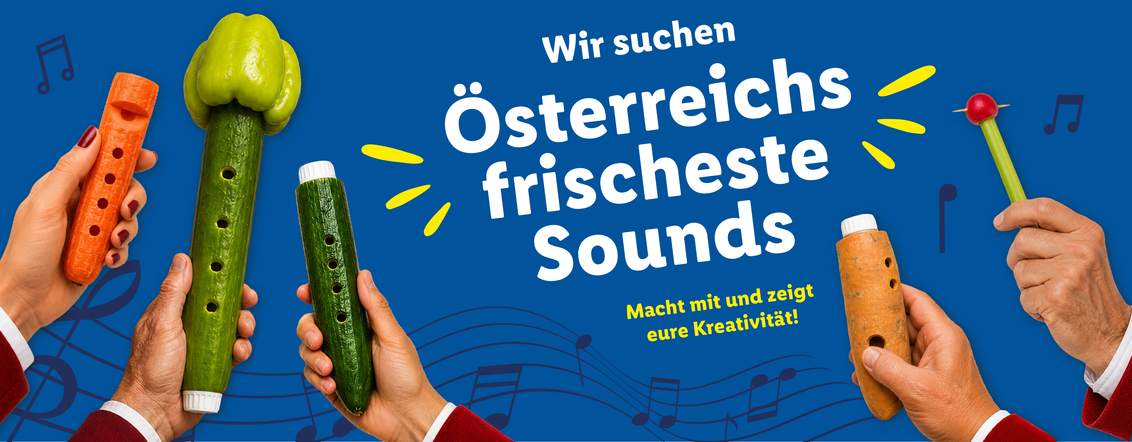 Hände halten Flöten aus Gemüse wie Gurken und Karotten. Text: Wir suchen Österreichs frischeste Sounds. Macht mit und zeigt eure Kreativität!