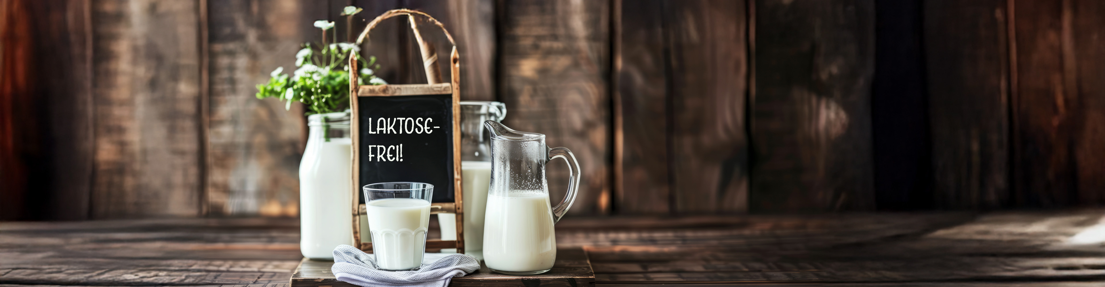 Laktosefreie Milch in Glas und Krug vor rustikalem Holz-Hintergrund.