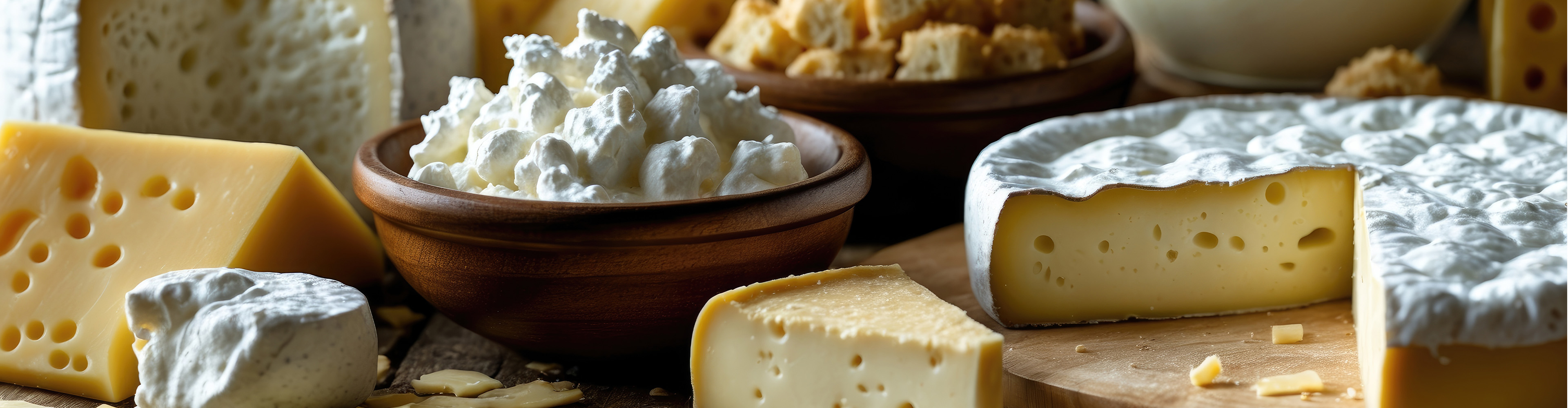 Käsesortiment mit verschiedenen Sorten wie Camembert, Gouda und Frischkäse.