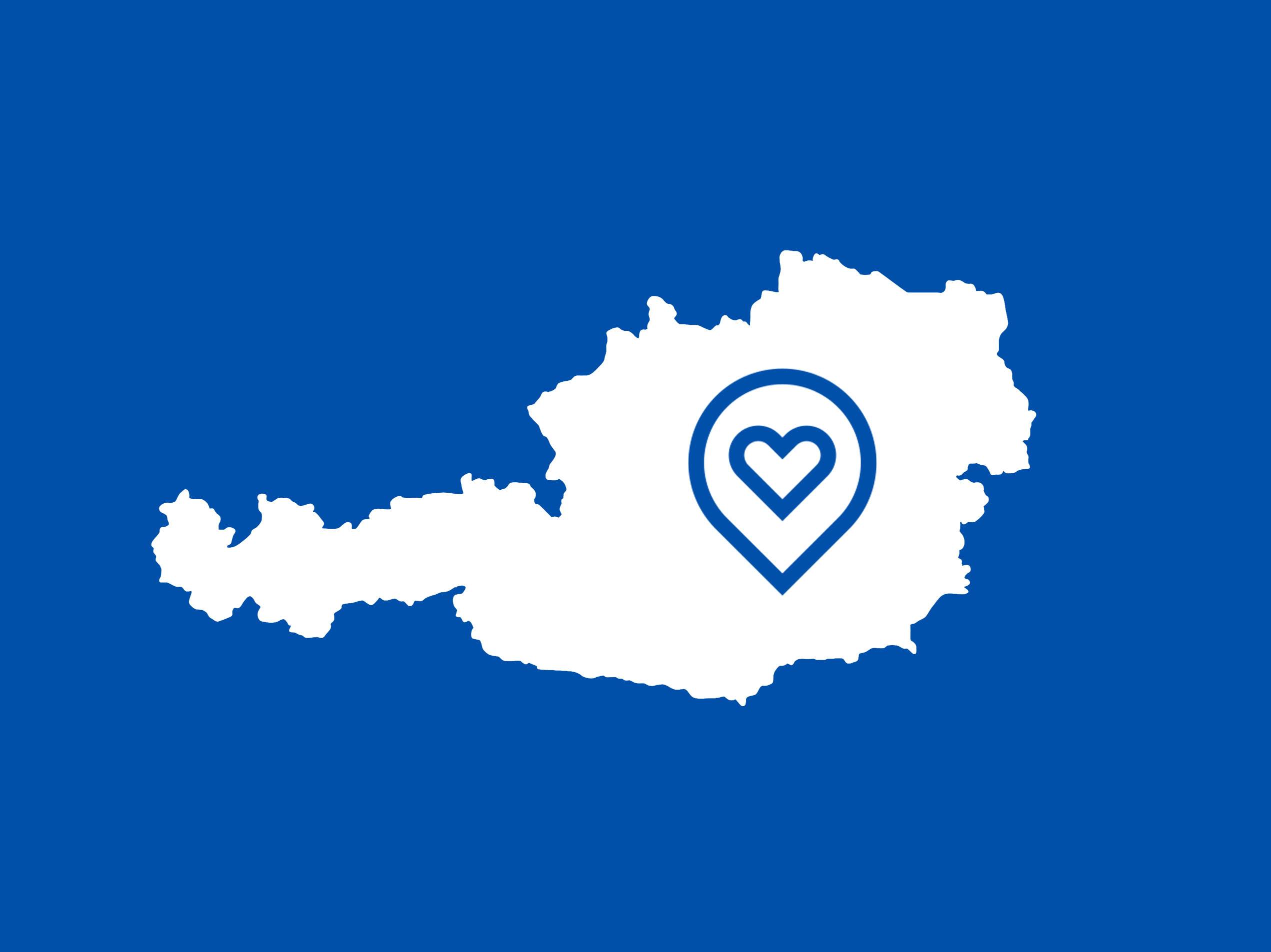 Karte von Österreich mit einem Herz-Standortsymbol