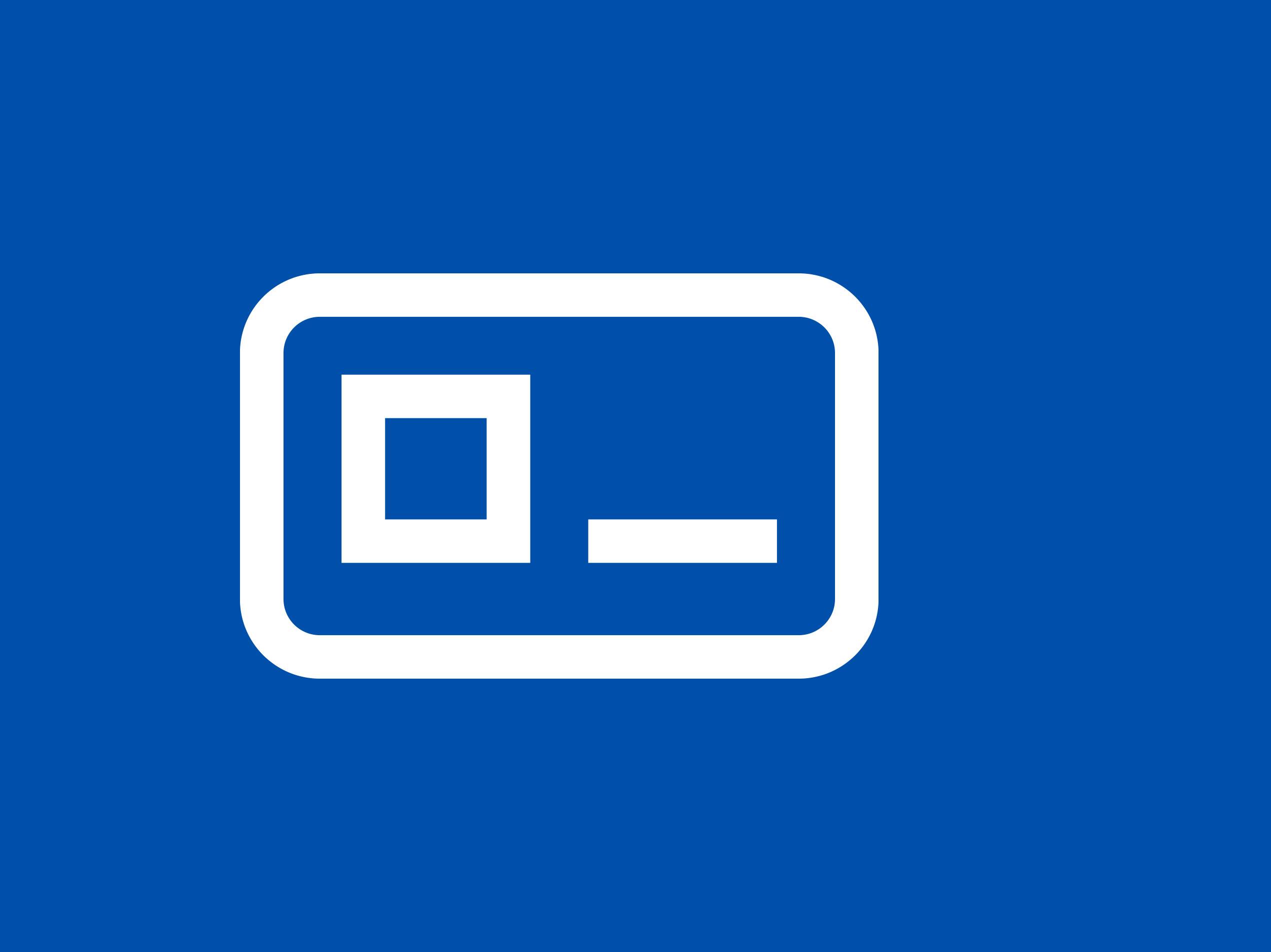 Ein weißes Symbol, das eine Karte mit einem Quadrat und einem Bindestrich auf blauem Hintergrund darstellt.