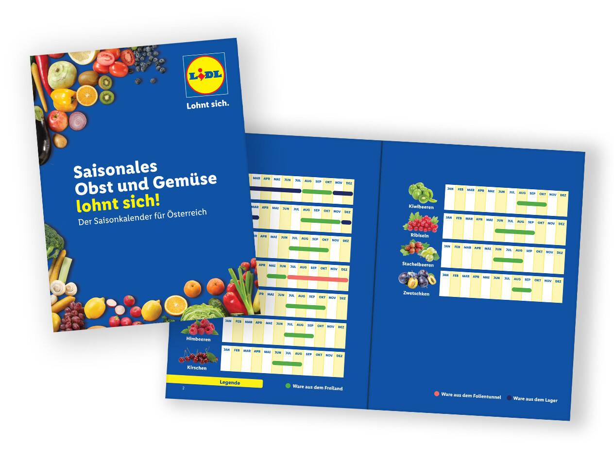 Lidl Saisonkalender für Obst und Gemüse in Österreich, mit Himbeeren, Kirschen, Kiwibeeren, Ribiseln, Stachelbeeren und Zwetschken.