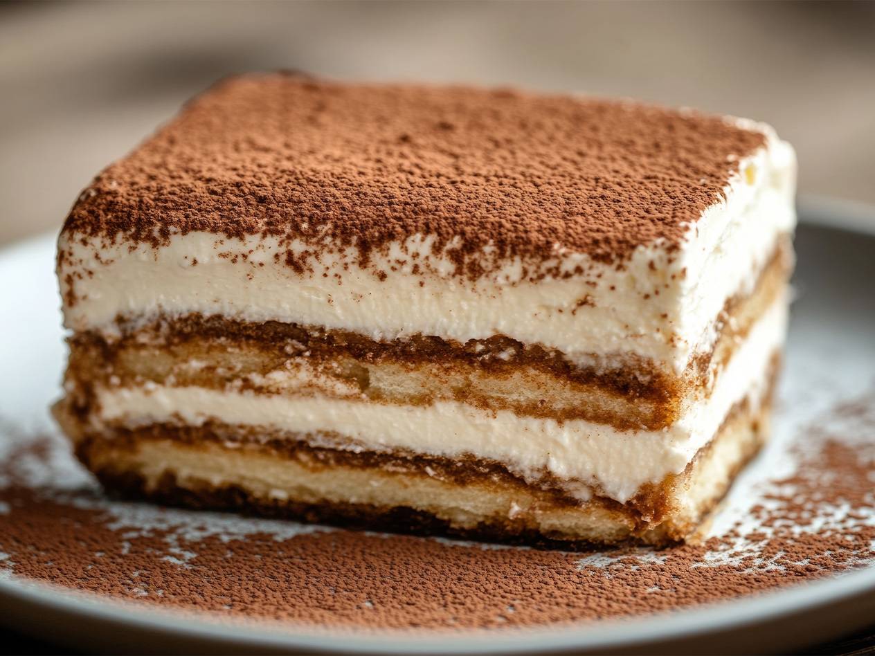 Tiramisu-Stück mit Mascarponecreme auf einem Teller