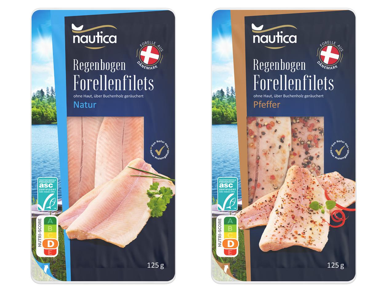 Nautica Regenbogen Forellenfilets in den Sorten Natur und Pfeffer, jeweils 125 g, in der Verpackung.