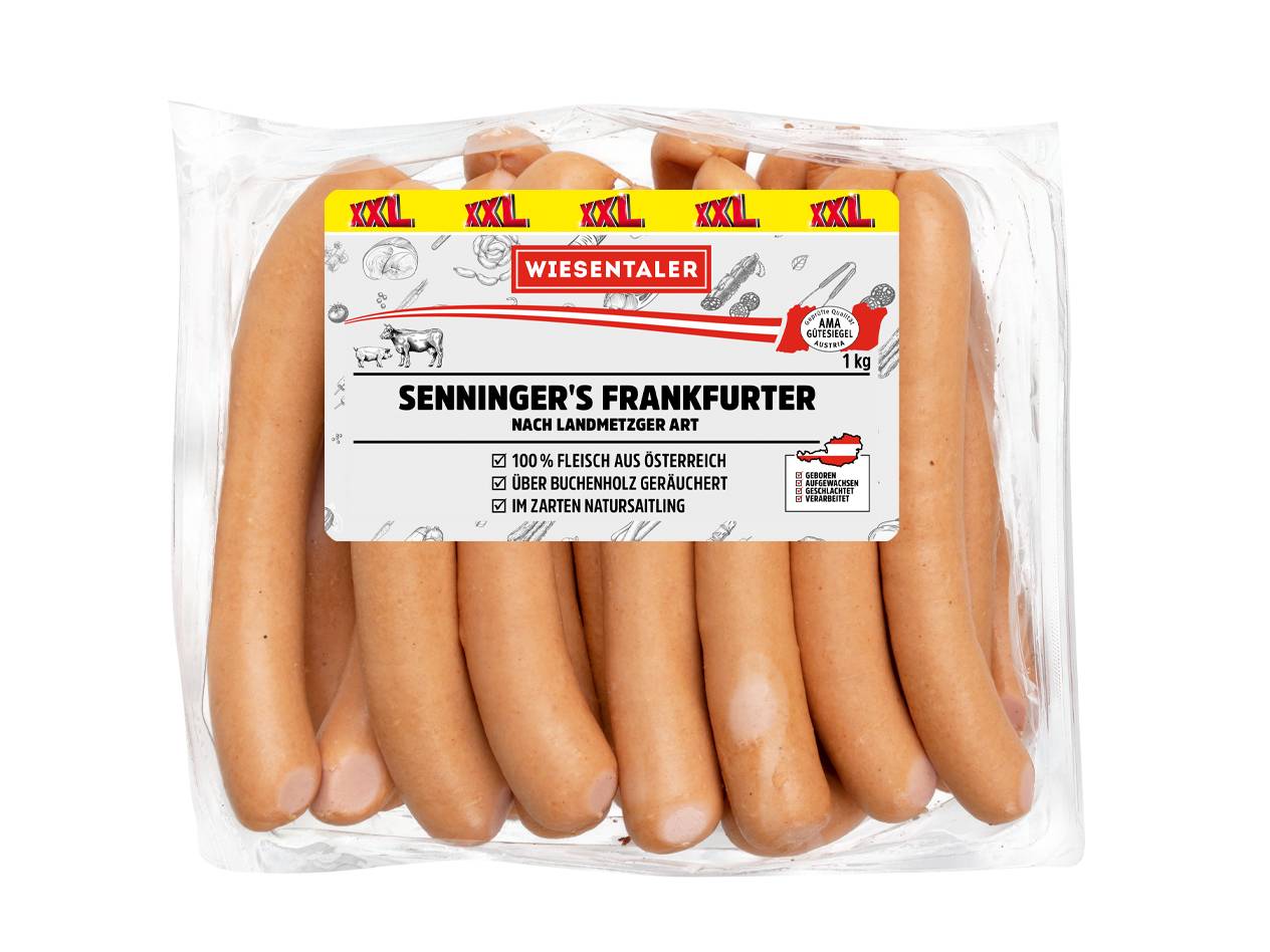 Verpackung mit Frankfurter Würstchen, 1 kg, mit Hinweisen auf Herkunft und Qualität.