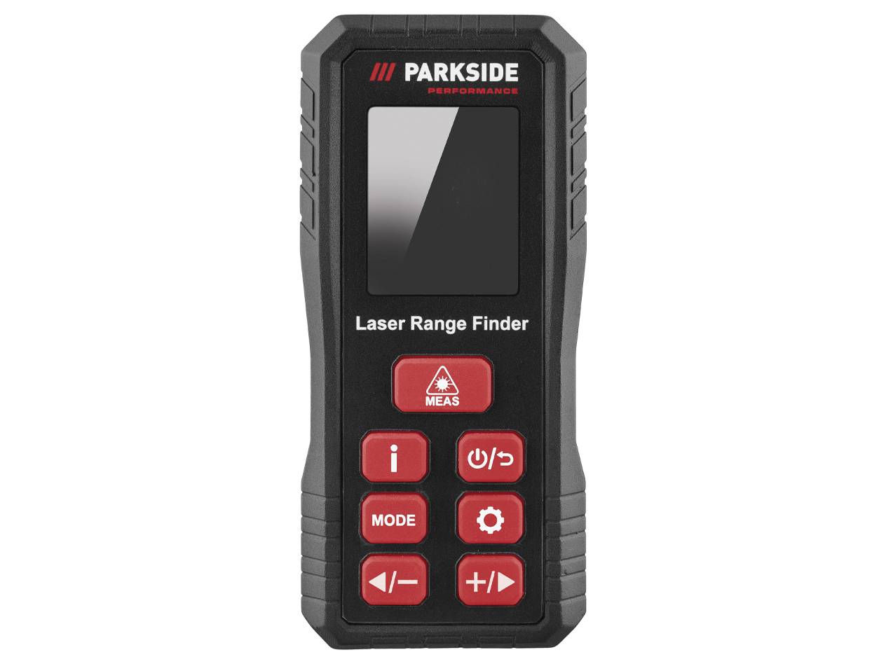 Ein schwarzer Parkside Performance Laser-Entfernungsmesser mit roter Tastenbeleuchtung.