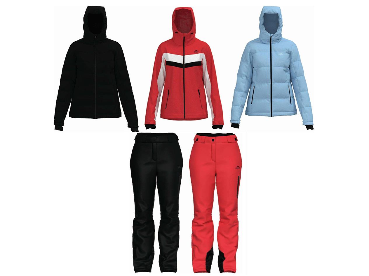 Damen-Skijacken und -Skihosen in verschiedenen Farben.