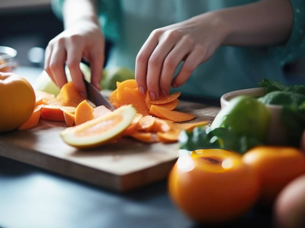 Hände schneiden orangefarbene Früchte auf einem Holzbrett, umgeben von anderem Obst und Gemüse.