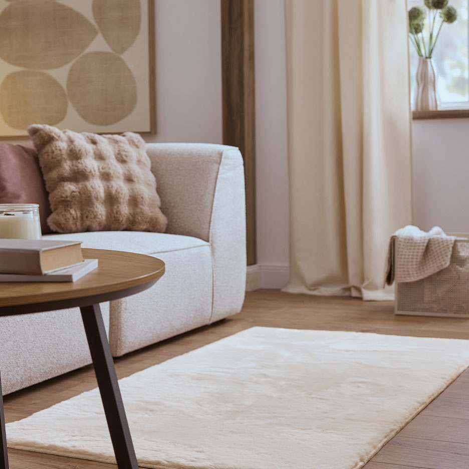 Beiger Teppich im Wohnzimmer mit Sofa, Kissen und Couchtisch.